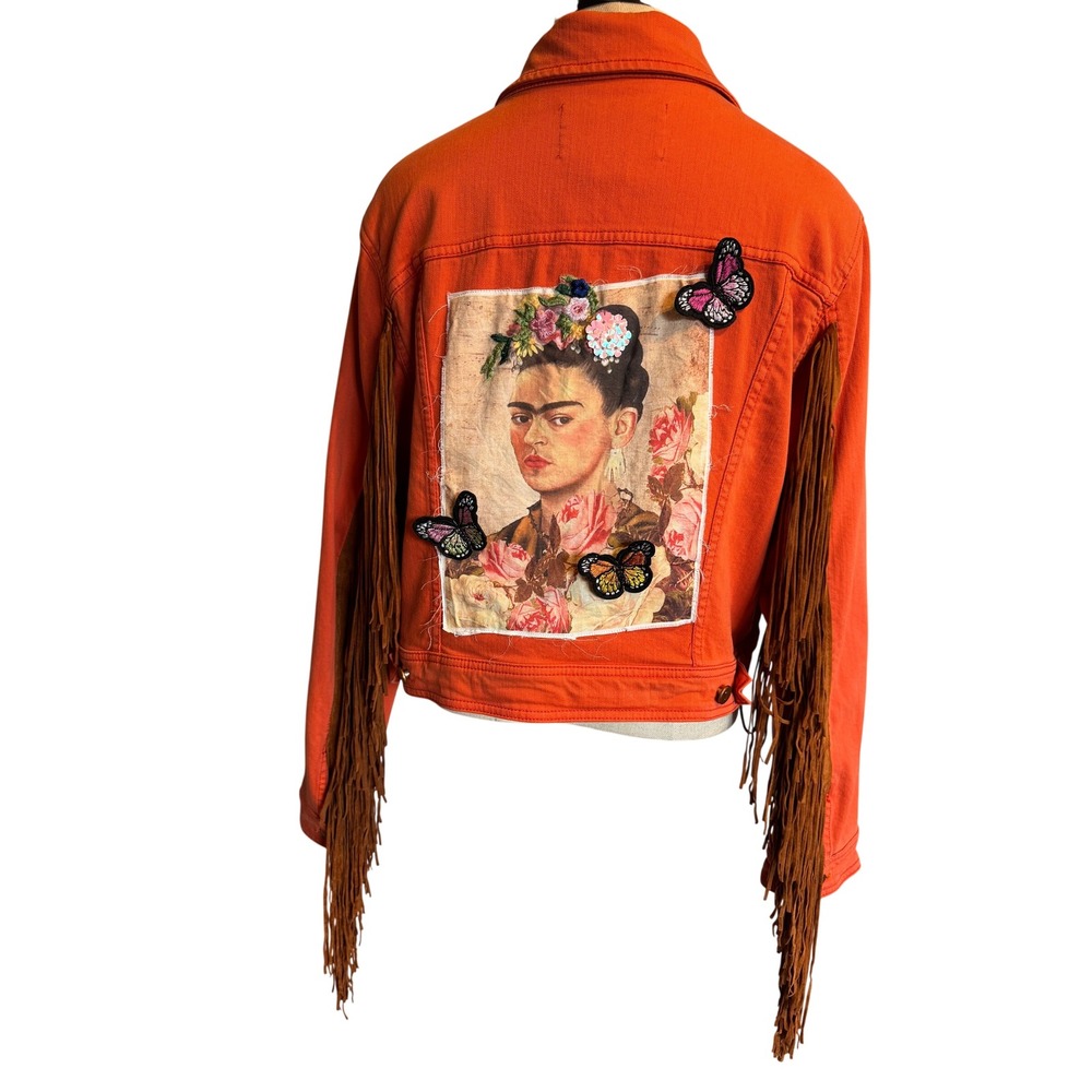 Pilcro Letterpress Frida Kahlo Self portrait Orange Fringe Denim Jacket Sz L Art